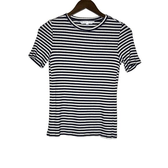 Trina Turk Blue and White Striped Short Sleeve Top Size Small - Picture 1 of 6